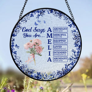 Custom Name Letter God Says I Am Flower Toile De Jouy Style Stained Glass Suncatcher LM32 895393