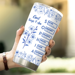 God Says I Am Name Letter In Bible Toile De Jouy Style - Personalized Fat Tumbler CH07 896824