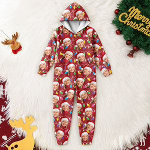 Custom Human Face Photo With Colorful Christmas Lights Onesie Pajamas HO82 900188
