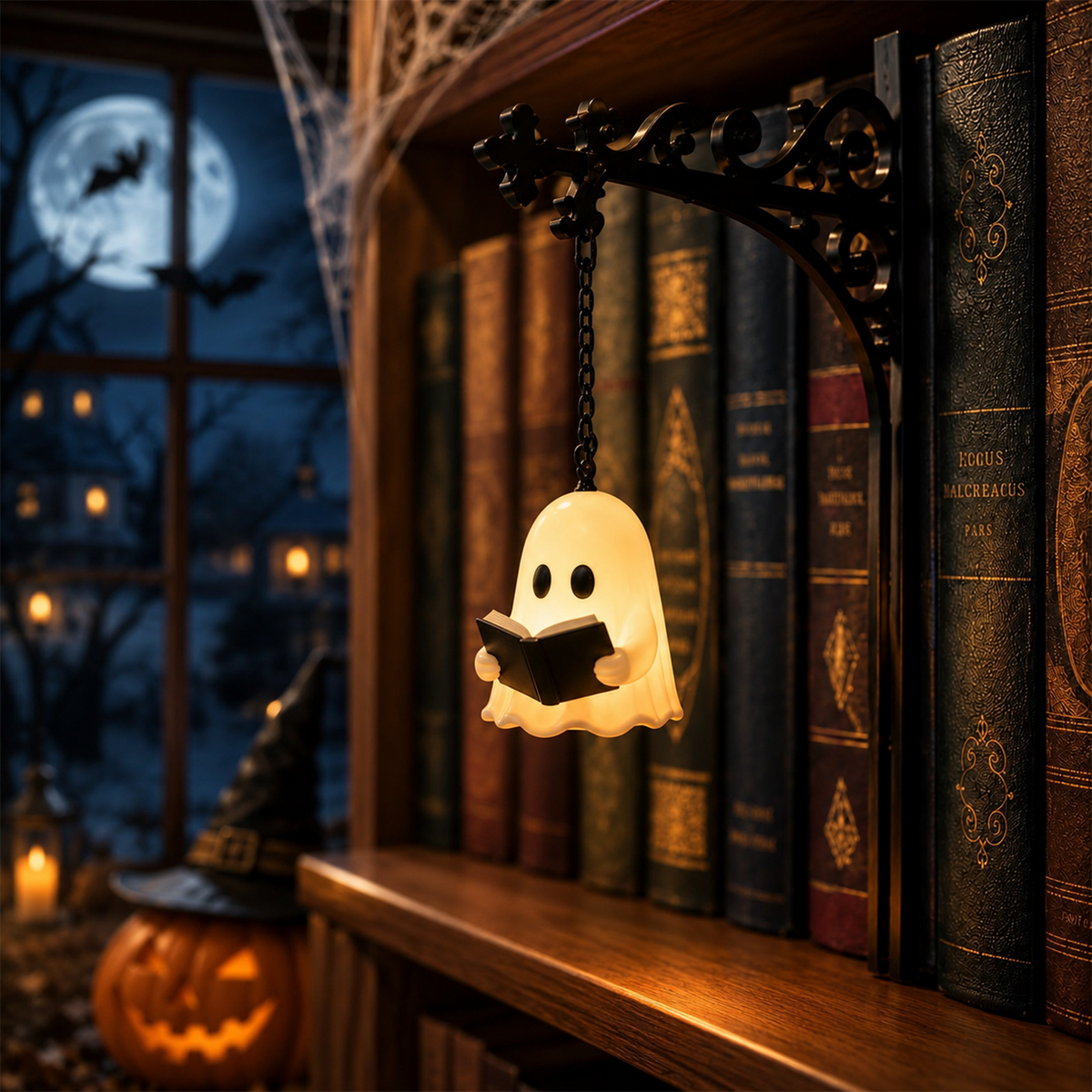 Halloween Ghost Metal Bookshelf Lantern Light Gift for Book Lovers, Reader Gift CH07 180212