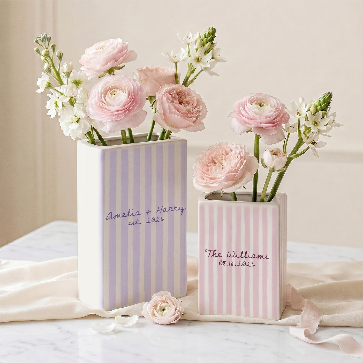Personalized Striped Couple Name Ceramic Book Vase Engaged Gift, Gift For Bride, Wedding Couple Gift CH07 180094
