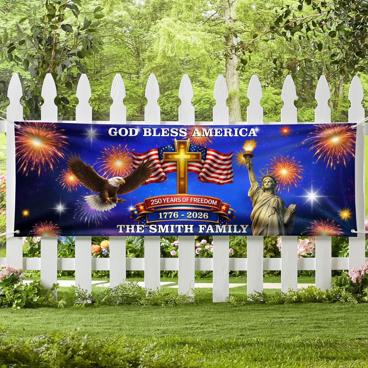 Custom Family Name 250 Years of Freedom God Bless America 1776 - 2026 Banner HO82 902158