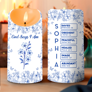 God Says I Am Name Letter In Bible Toile De Jouy Style - Personalized Led Candle CH07 896958