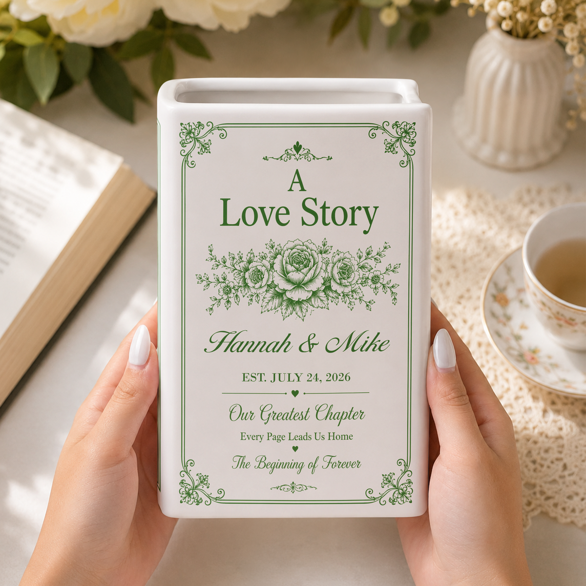 Personalized A Love Story Toile De Jouy Ceramic Book Vase Bridal Shower Gift, Engagement Gift CH07 180436