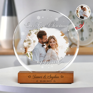 Custom Photo Our First Christmas As Mr & Mrs Couple Round Acrylic Frame Block HA75 898012