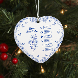 God Says I Am Name Letter In Bible Toile De Jouy Style - Personalized Heart Ceramic Ornament CH07 896966