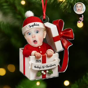 Personalized Baby in Gift Box Christmas 2D Flat Acrylic Ornament, Custom Baby Photo Ornament, Baby’s First Christmas Gift CH07 895338