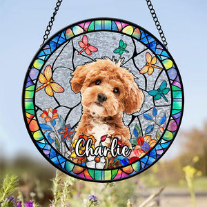 Custom Dog Photo With Flower Memorial Stained Glass Suncatcher, Pet Loss Gift HO82 894318