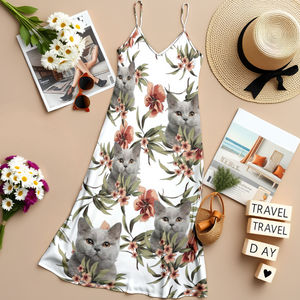 Custom Cat Photo With Floral Pattern Women's V-neck Cami Maxi Dress LM32 893327