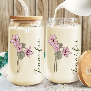 Custom Name With Floral Glass Can With Lid Personalized Gift HA75 892010