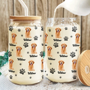 Custom Photo And Name With Dog Paw Glass Can With Lid Gift for Pet Lovers TH10 896783