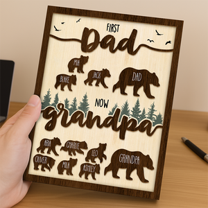 Papa Bear With Kid Name Family 2-Layered Wooden Plaque With Stand Personalized Gift For Father's Day, Dad HO82 894042