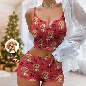 Custom Portrait Photo Dog Cat Christmas Appliques Notched Neckline Lingerie Set LM32 893905