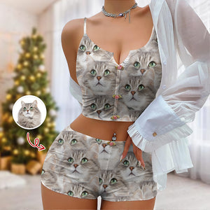 Custom Cute Dog Cat Face Appliques Notched Neckline Lingerie Set LM32 893961