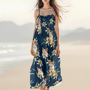 Custom Cat Photo With Lily Flowers Women's V-neck Cami Maxi Dress For Cat Lover TH10 892639