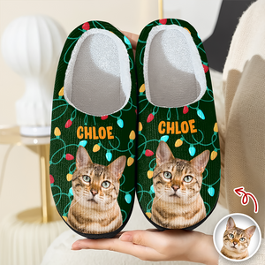 Custom Photo Cat Christmas Lights Slippers Unique Funny Gift HA75 897694