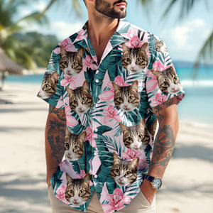 Custom Photo Funny Face Cat Family Vacation Tropical Pattern Hawaii Shirt HA75 892310