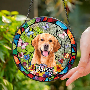 Custom Dog Photo With Flower Memorial Stained Glass Suncatcher, Pet Loss Gift HO82 894318