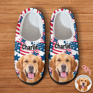 Custom Cute Dog Photo American Flag Christmas Pattern Slippers For Dog Lovers LM32 893881