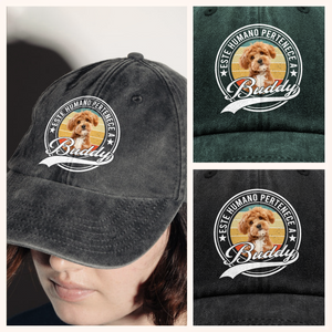 Gorra de mezclilla personalizada con foto – Este humano pertenece a un gato mascota LM32 895057
