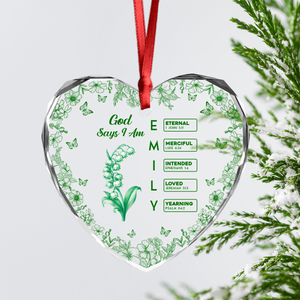God Says I Am Name Letter In Bible Toile De Jouy Style - Personalized Heart Glass Ornament CH07 896964