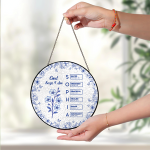 God Says I Am Name Letter In Bible Toile De Jouy Style - Personalized Stained Glass Suncatcher CH07 896962