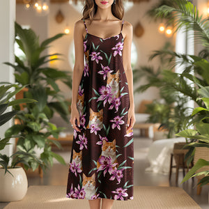 Custom Cat Photo With Lily Flowers Women's V-neck Cami Maxi Dress For Cat Lover TH10 892639