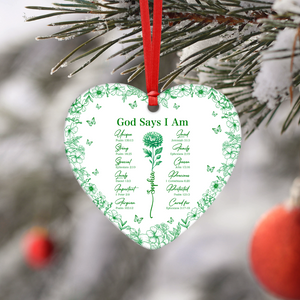 God Says You Are Christian Toile De Jouy Birth Flower Personalized Heart Shaped Ceramic Ornament HA75 897160