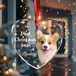 First Christmas With Cute Puppy And Snowflakes Custom Dog Photo Heart Glass Ornament CH07 896390