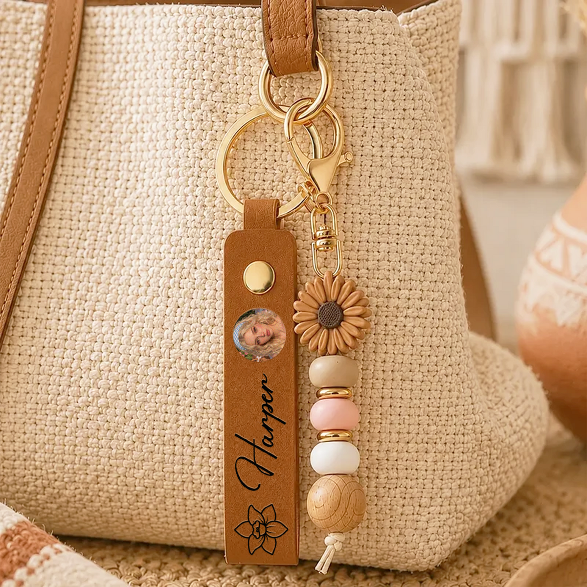 Personalized Custom Photo And Name Floral Beaded Keyring TH10 170805