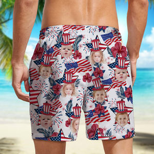 Custom Photo US Flag With Hawaii Pattern Man Beach Shorts, Father's Day Gift, For Dad HO82 894054