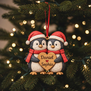 Personalized Penguin Couple First Christmas 2 Layers Wooden Ornament LM32 897519