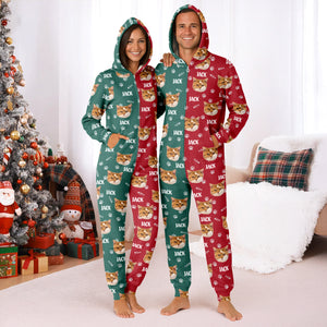 Custom Cat Face Photo Red Green Onesie Pajamas HO82 900384