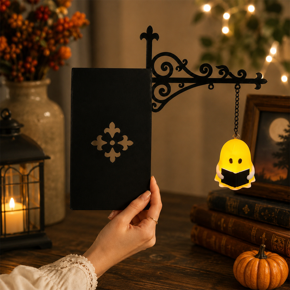 Halloween Ghost Metal Bookshelf Lantern Light Gift for Book Lovers, Reader Gift CH07 180212