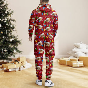 Custom Cat Face Photo With Colorful Christmas Lights Onesie Pajamas HO82 900202