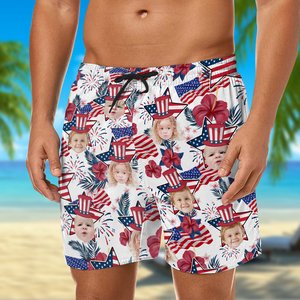 Custom Photo US Flag With Hawaii Pattern Man Beach Shorts, Father's Day Gift, For Dad HO82 894054