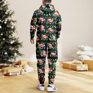 Custom Dog Face Photo With Colorful Christmas Lights Onesie Pajamas HO82 900200