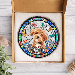 Custom Dog Photo With Flower Memorial Stained Glass Suncatcher, Pet Loss Gift HO82 894318