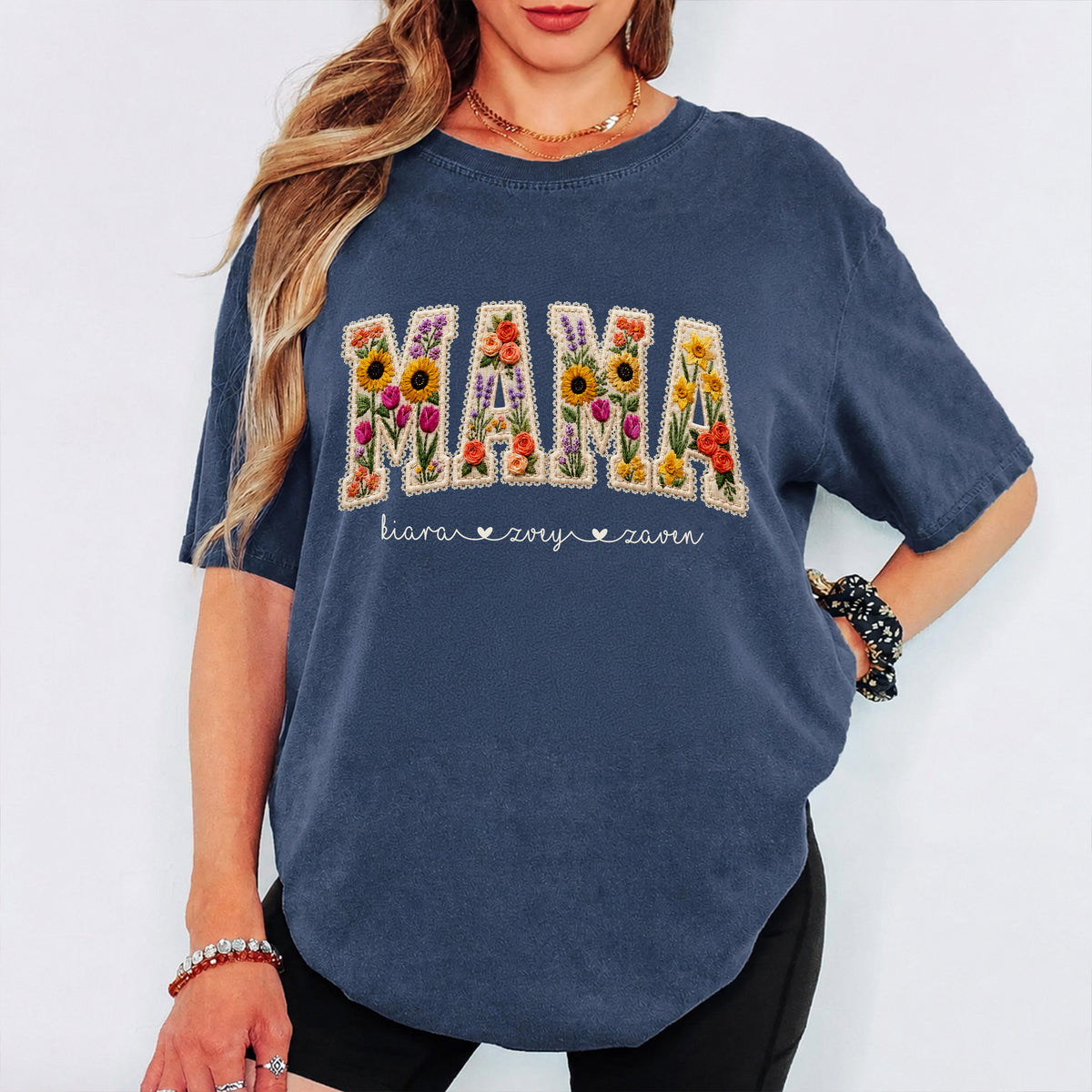 Custom Mama Shirt With Kids Names Faux Embroidery Effect Comfort Shirt HO82 903346