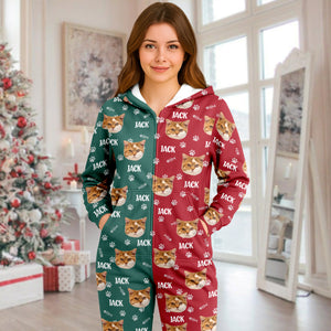 Custom Cat Face Photo Red Green Onesie Pajamas HO82 900384