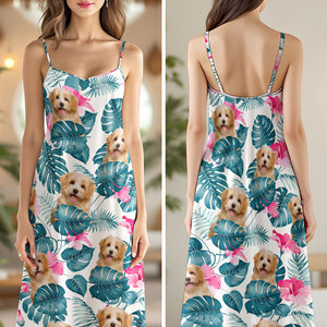 Custom Dog Photo Hawaiian Style Women's V-Neck Cami Maxi Dress For Summer Beach Holiday HO82 893590