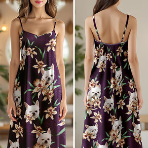 Custom Dog Photo With Lily Flowers Women's V-neck Cami Maxi Dress For Dog Lover TH10 892637