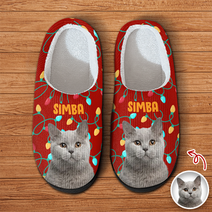 Custom Photo Cat Christmas Lights Slippers Unique Funny Gift HA75 897694