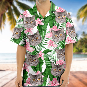Custom Photo Funny Face Cat Family Vacation Tropical Pattern Hawaii Shirt HA75 892310