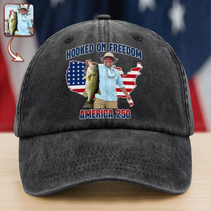 Custom Photo Hooked On Freedom America 250 Washed Denim Baseball Cap For Fishing Lovers HA75 897970