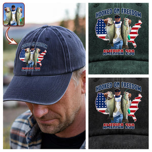 Custom Photo Hooked On Freedom America 250 Washed Denim Baseball Cap For Fishing Lovers HA75 897970
