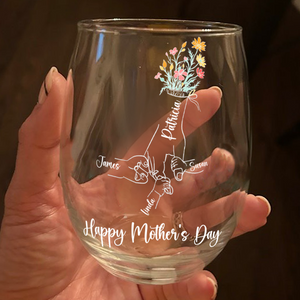 Personalized Floral Hands Mom With Kids Mother's Day Wine Glass LM32 893311