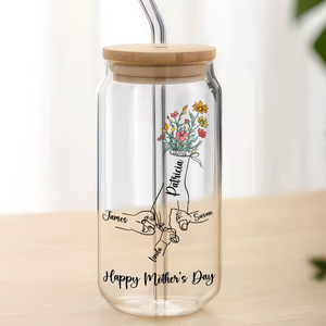 Personalized Floral Hands Mom With Kids Mother's Day Glass Can With Lid LM32 893291
