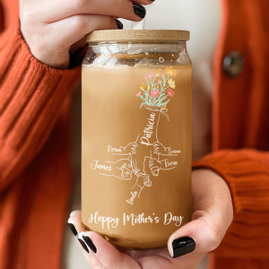 Personalized Floral Hands Mom With Kids Mother's Day Glass Can With Lid LM32 893291