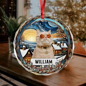 Custom Photo and Name Christmas Cat Circle Glass Ornament HA75 897244